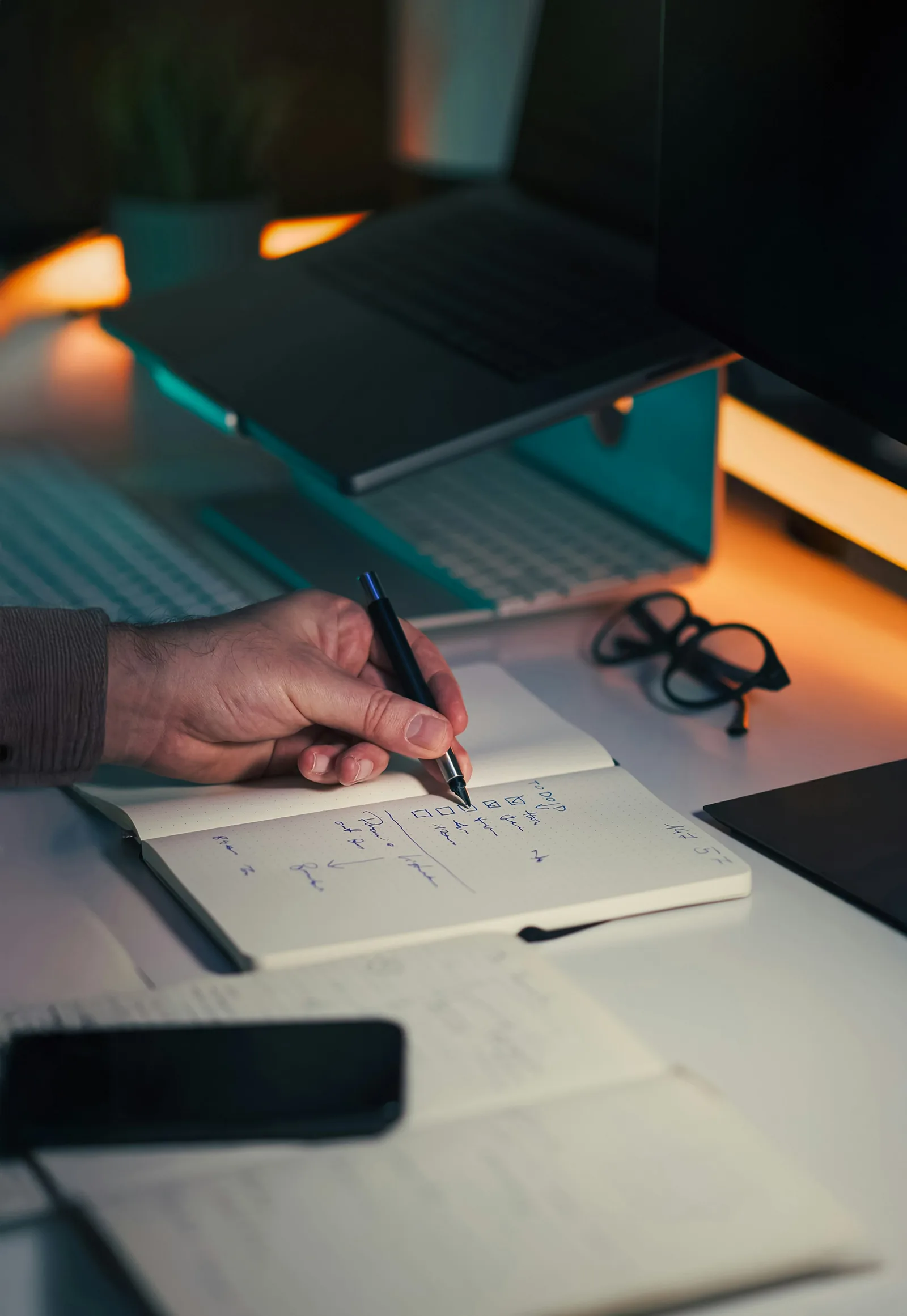 Hand writing a to-do list in a notebook with a pen at a desk